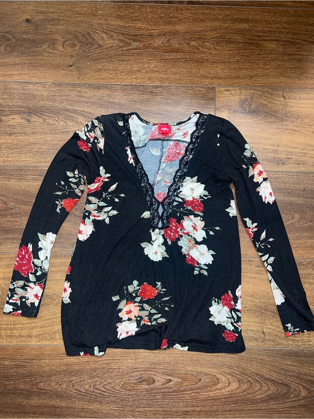 Daytrip Black Floral Lace-Trim V-Neck Long Sleeve Top
